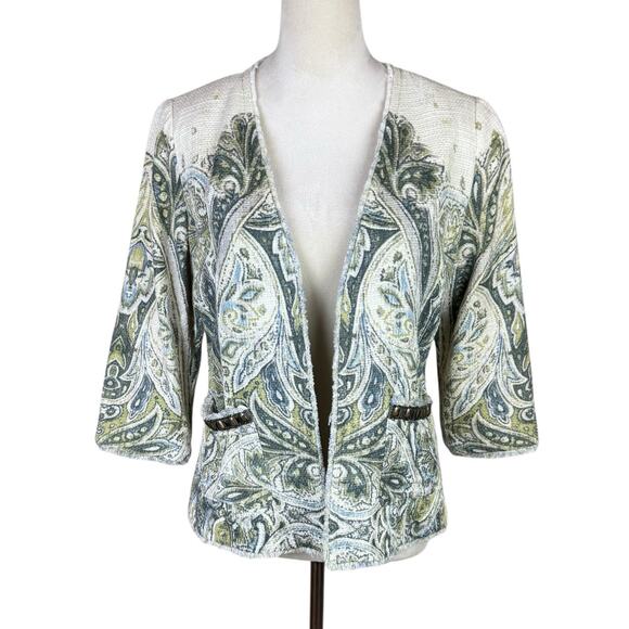 Chico's Sz 0 Embellished Heritage Soft Cotton Tweed Green Open Spring Jacket - Picture 4 of 14